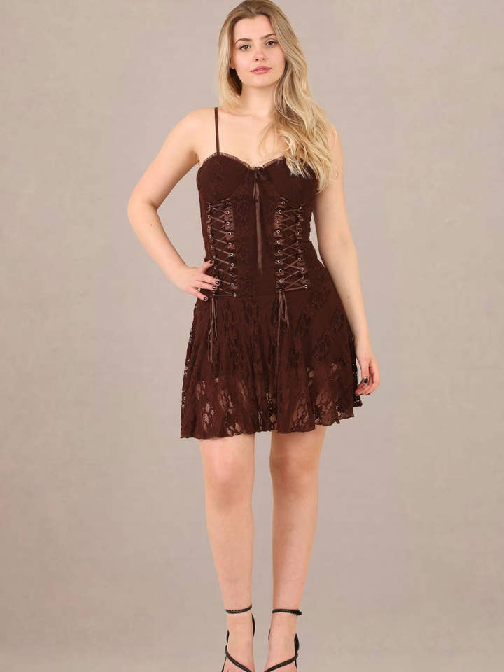 Vestido ajustado marrón con detalle de estilo corsé y panel de encaje. para venta al por mayor de AVINCI