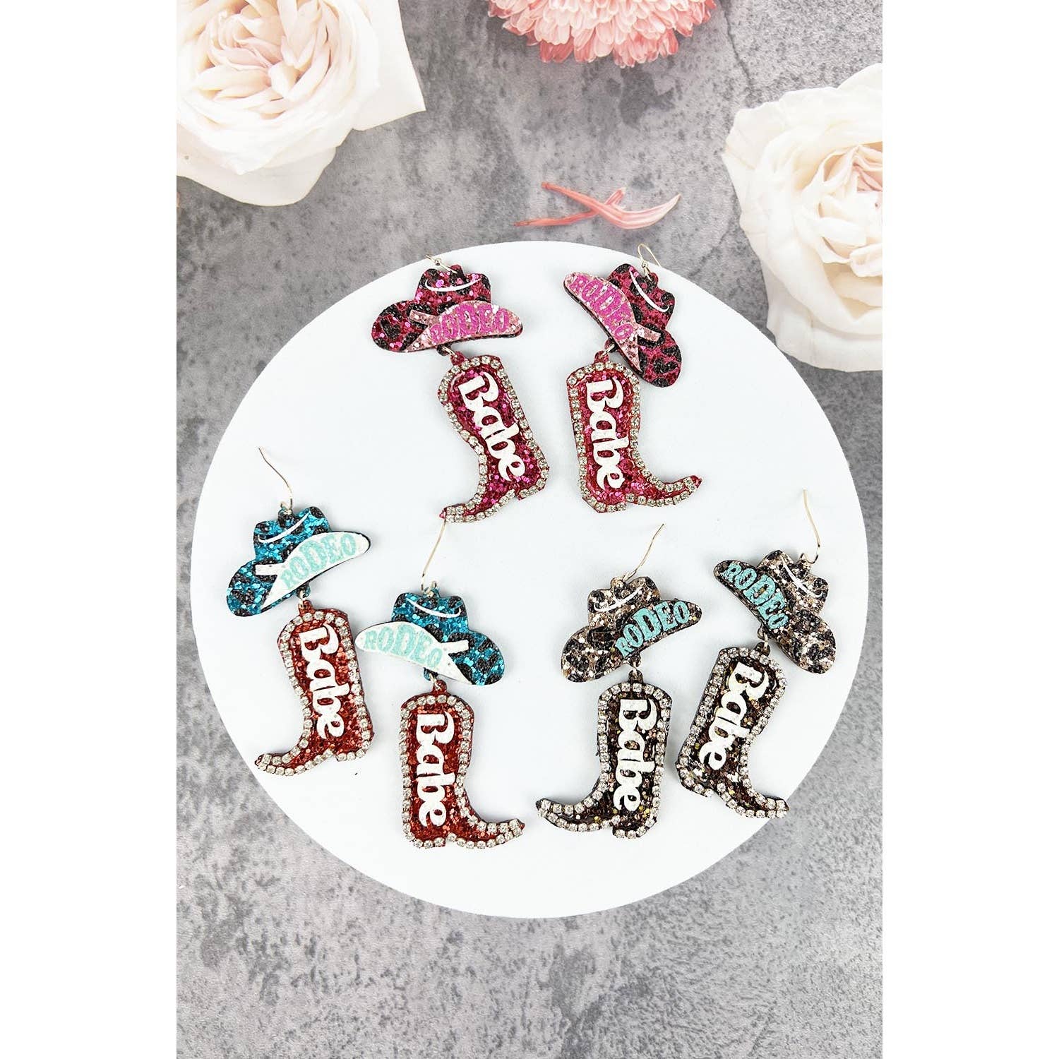 JHP Collection - Wholesale Dangle Earrings - RODEO BABE HOOK EARRING OF GLITTER COW BOY HAT AND BOOTS
6