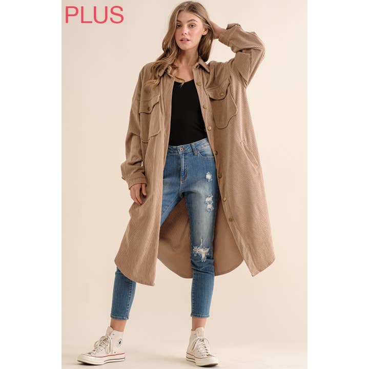 Sweet Generis - Wholesale Shirt Jacket/Shacket - Women's - PLUS LONG CORDUROY BUTTON UP SHIRT JACKET SHACKET22