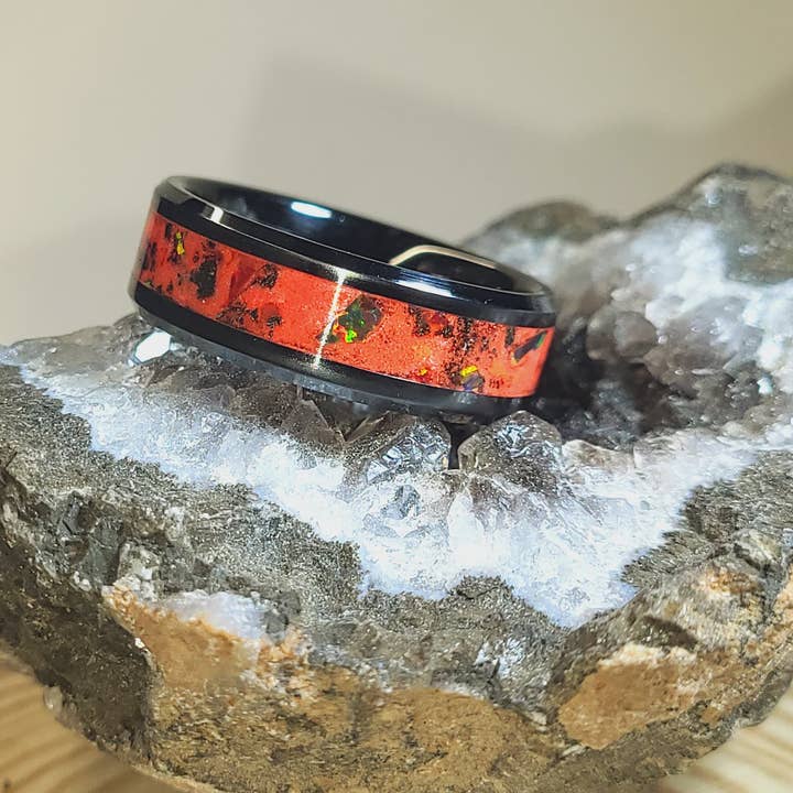Black Ceramic Inlay with Inferno Opal, Crimson Opal, Meteorite Dust, and Crimson Pigment for wholesale by Natural Evolution Design