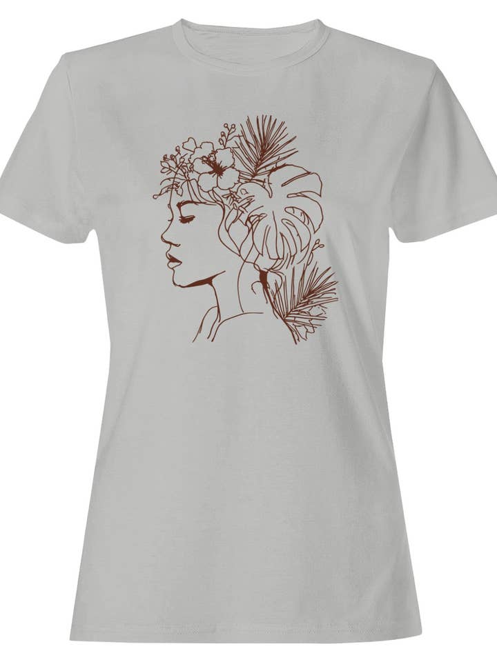 Boho blomsterkvinde linjetegningsillustration — dames T-shirt for engroshandel hos TShirtGuys.com