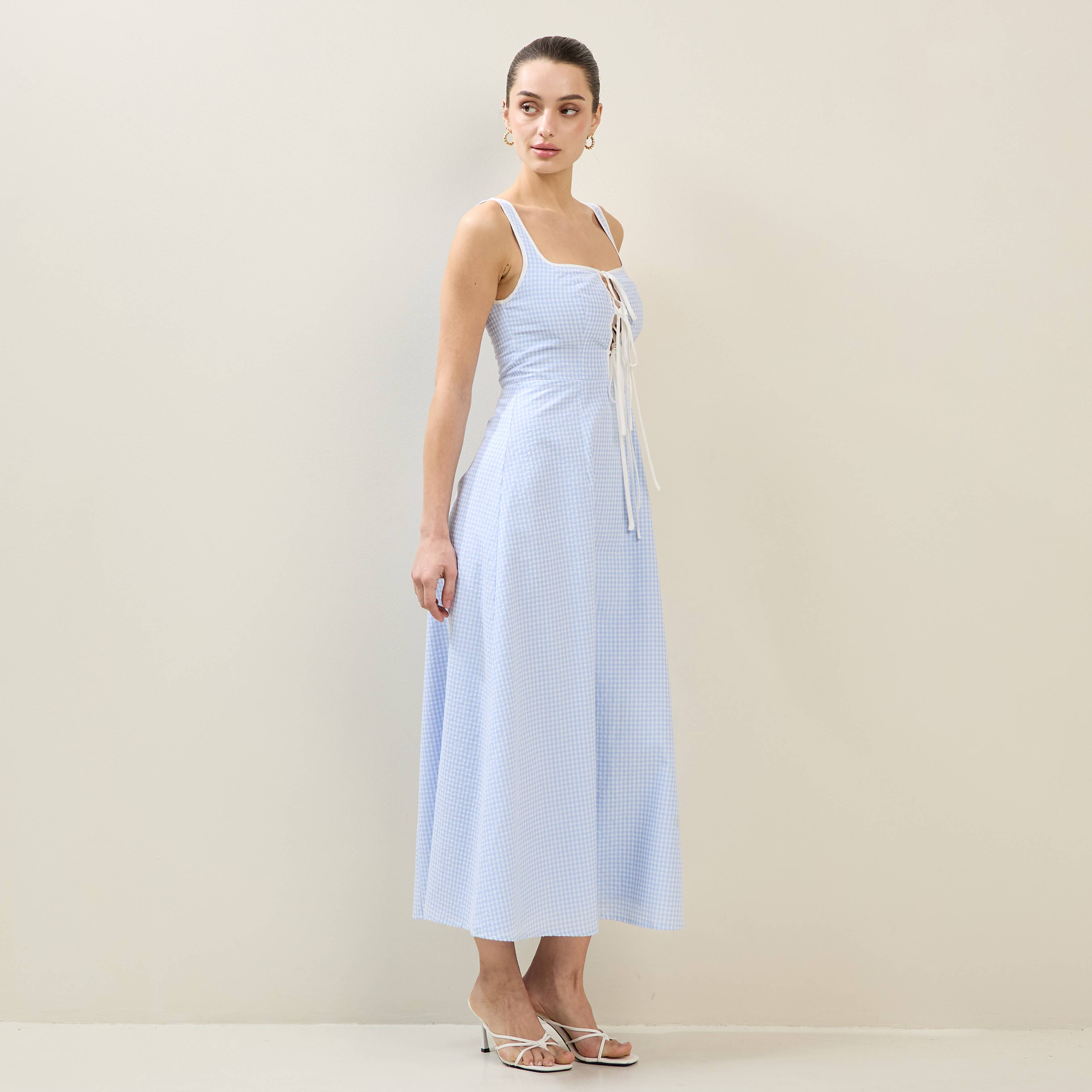 Sky White Tie Front Gingham Dress for wholesale on Faire3