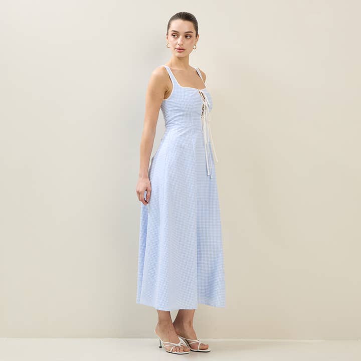 Sky White Tie Front Gingham Dress for wholesale on Faire3