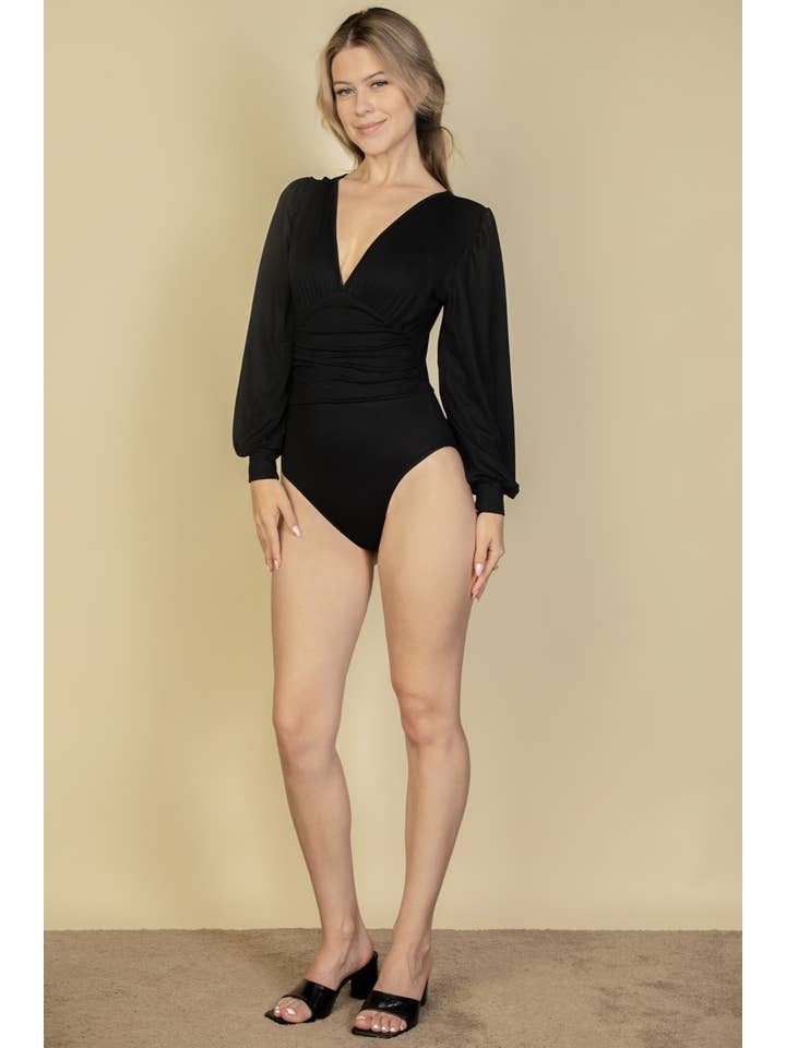 CAPELLA APPAREL - Wholesale Bodysuit - Women's - Plunge Neck Peasant Sleeve Bodysuit