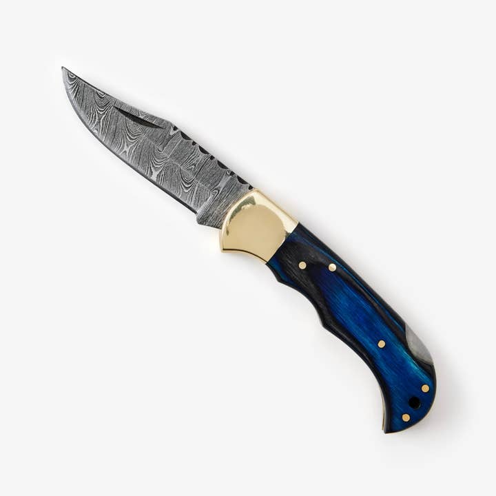 Titan International - Wholesale Pocket Knife/Holder - Blue Diamond Wood folding knife with Leather Sheath