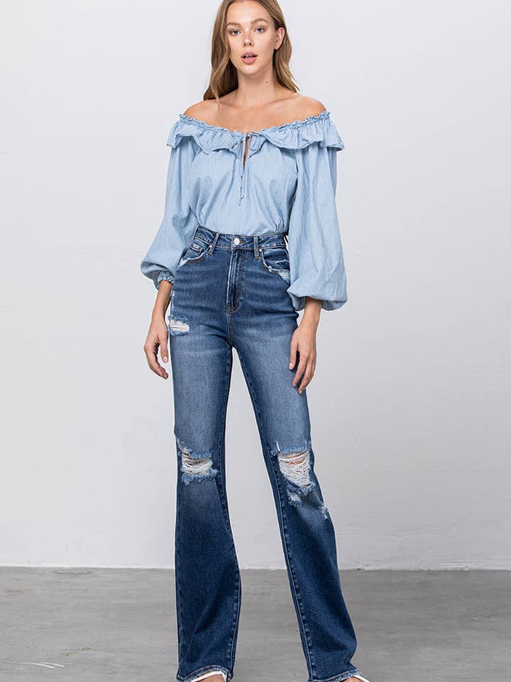 Jean évasé à ourlet effiloché - Détail déchiré pour la vente par Insane Gene USA