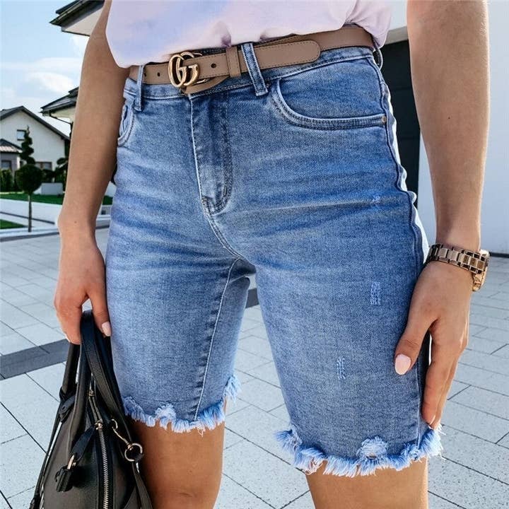 Frayed Hem Distressed Denim Shorts With Tassels for wholesale by UZ Wholesale Store