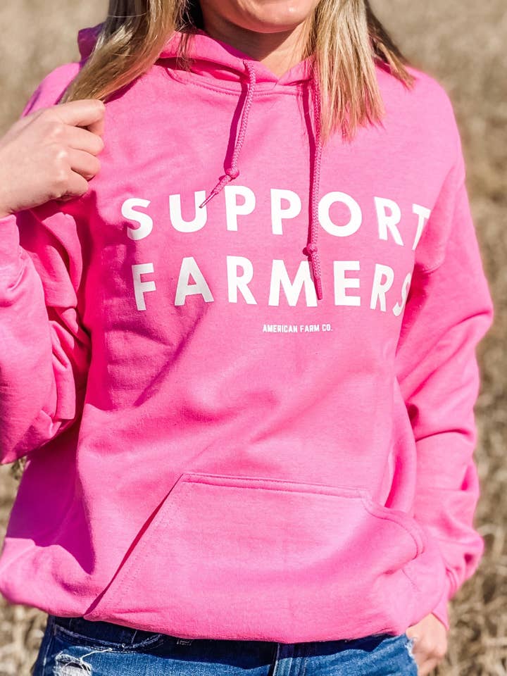 Western 'Support Farmers' Pink Graphic Hoodie for wholesale by American Farm Company