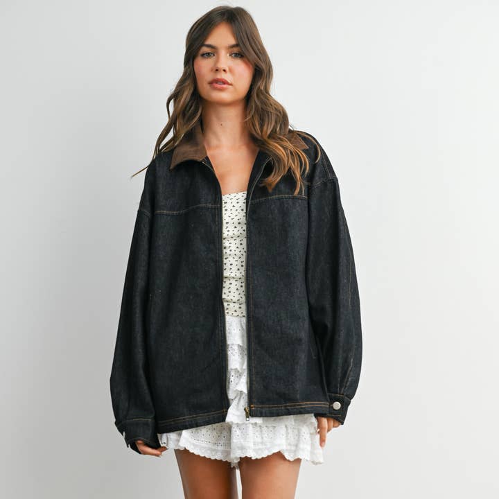 BUTTERMELON - Wholesale Jacket - Women's - Zip-front Contrast-Collared Denim Jacket - BMJ81151