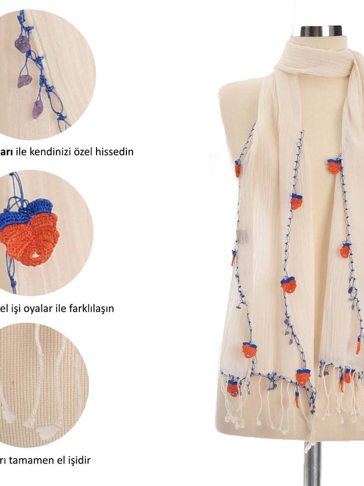 Sjaal van katoen met amethiststeen - oranjeblauwe handgemaakte sjaal voor wholesale door Dosimira