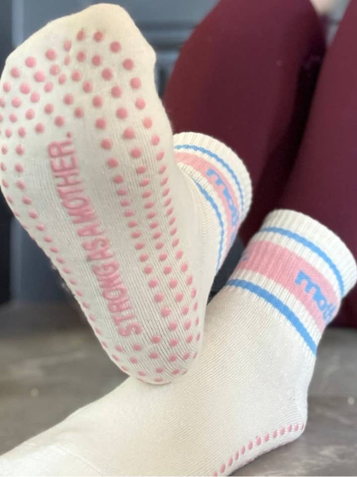 Blue Pink Throwback Half Crew Striped Grip Socks for wholesale on Faire