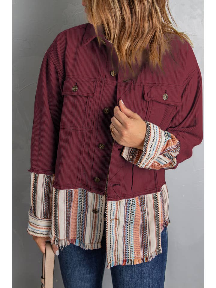 Umorger - Wholesale Jacket - Women's - Button Up Pockets Striped Color Block Corduroy Jacket4