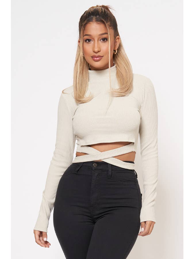 Junie – wholesale Stickad topp - Dam – RIB DRAGKEDJA FRAM MOCK HALS LÅNGÄRMAD TOPP AT2626