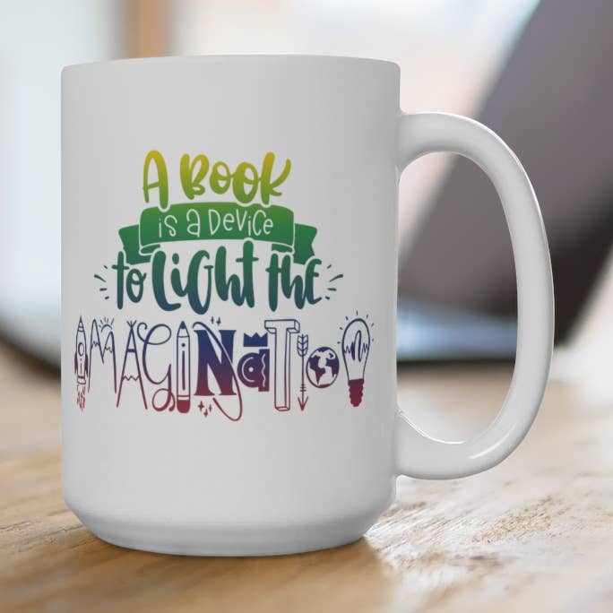 A Book is a Device to Light the Imagination Mug for wholesale by Erin Decker Creative