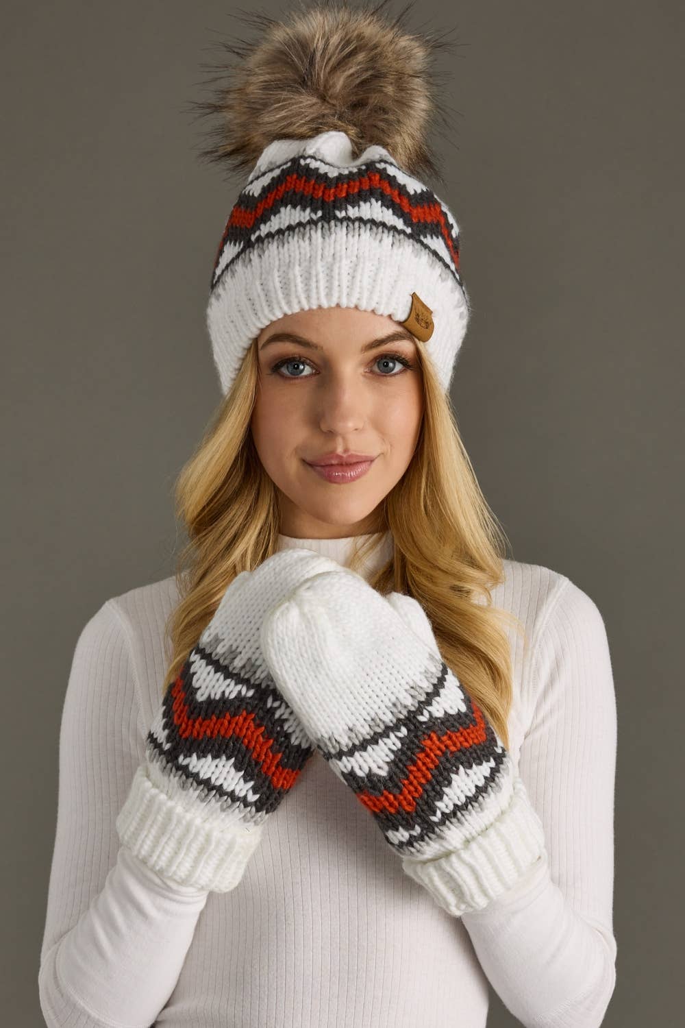 Panache Apparel Co. - Wholesale Beanie - Women's - White, Red & Gray Patterned Pom Hat4
