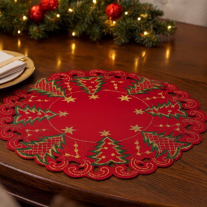 Red Embroidered Christmas Tree 14" Round Placemat for wholesale by Fennco Styles