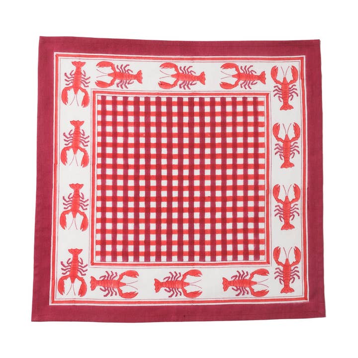 Inner Child - Wholesale Dinner & cloth napkin - Lobster Red Gingham Blockprint Napkins, Set of 40