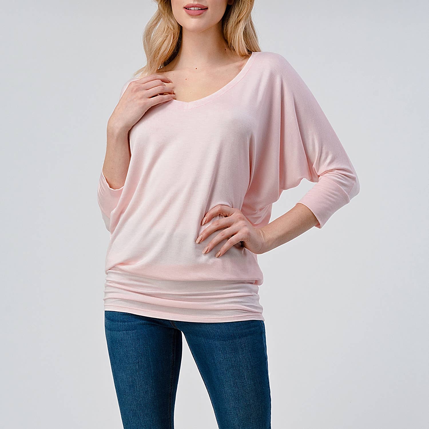 Heimious - Wholesale Knit Top - Women's - 3/4 Dolman Sleeve V-neck Modal Jersey Top, 2573102