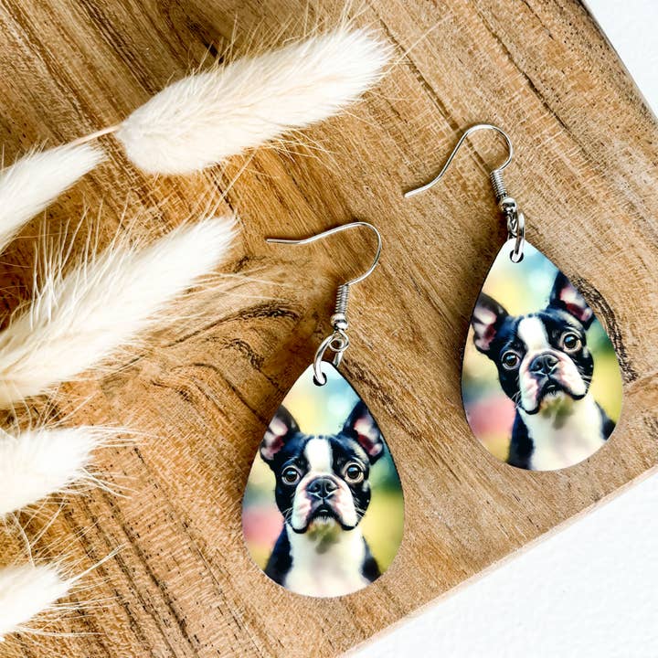 BOSTON TERRIER dog print dangle teardrop earrings for wholesale by Eartherella Soap & Candle Co., LLC