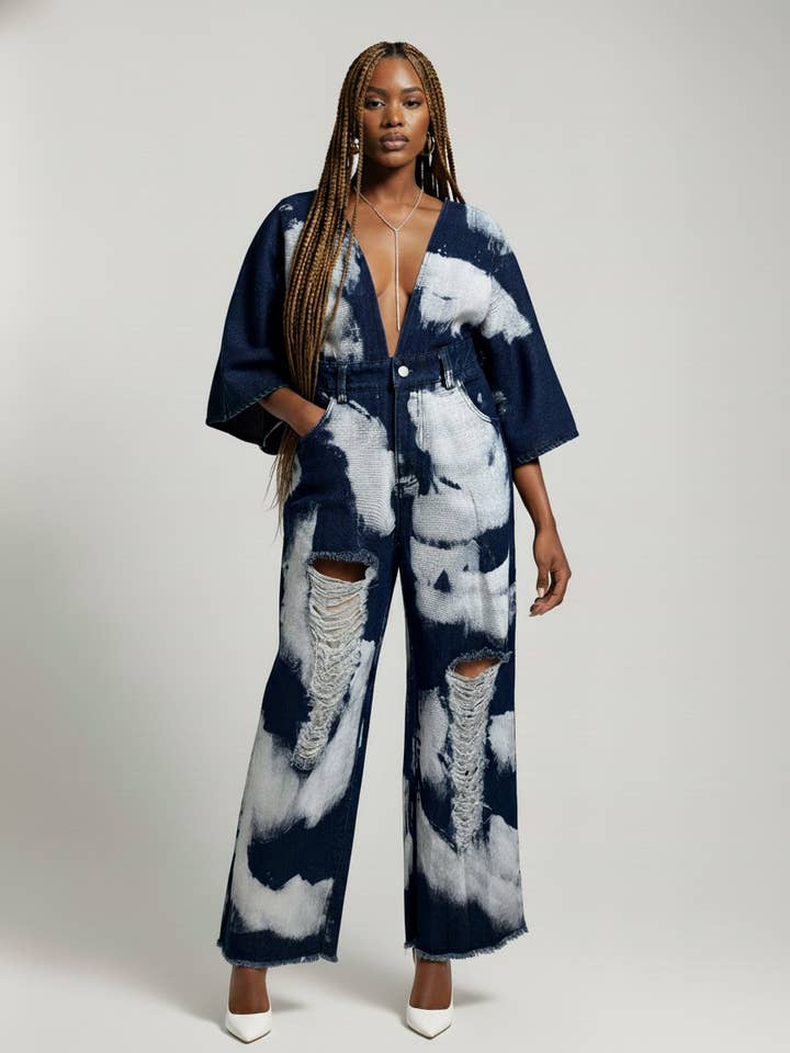 Deep V Bleach Denim Jumper for wholesale by Athina Collection