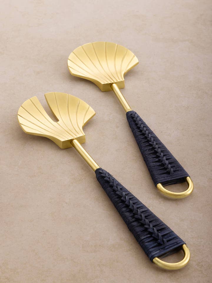 Vitali Gold & Blue Rattan Salad Servers - Set of 2 for wholesale by GAURI KOHLI