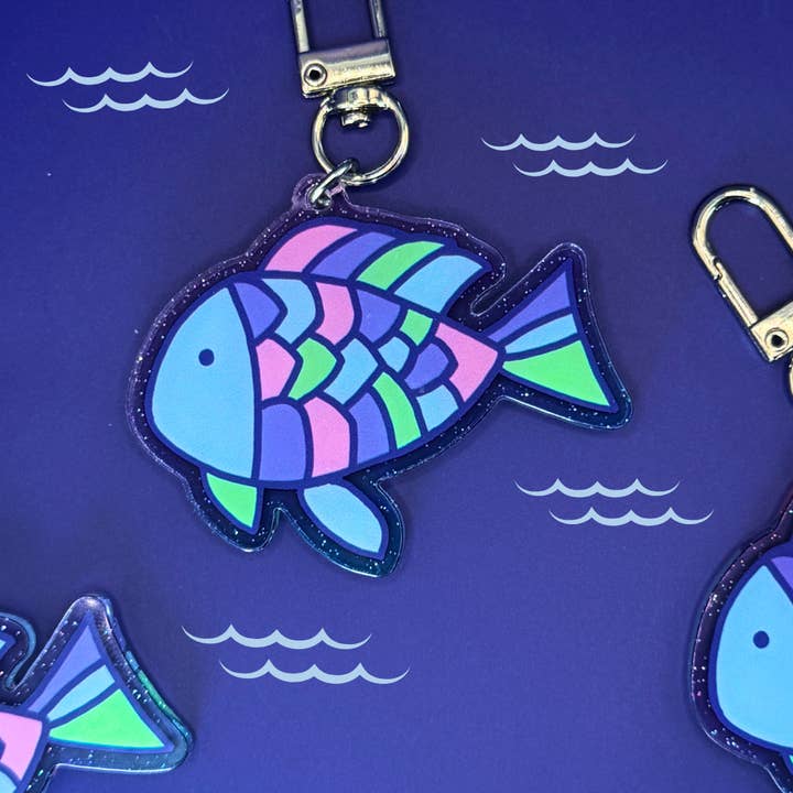 Rainbow Fish | Acrylic Glitter Keychain for wholesale by Sticker Dam