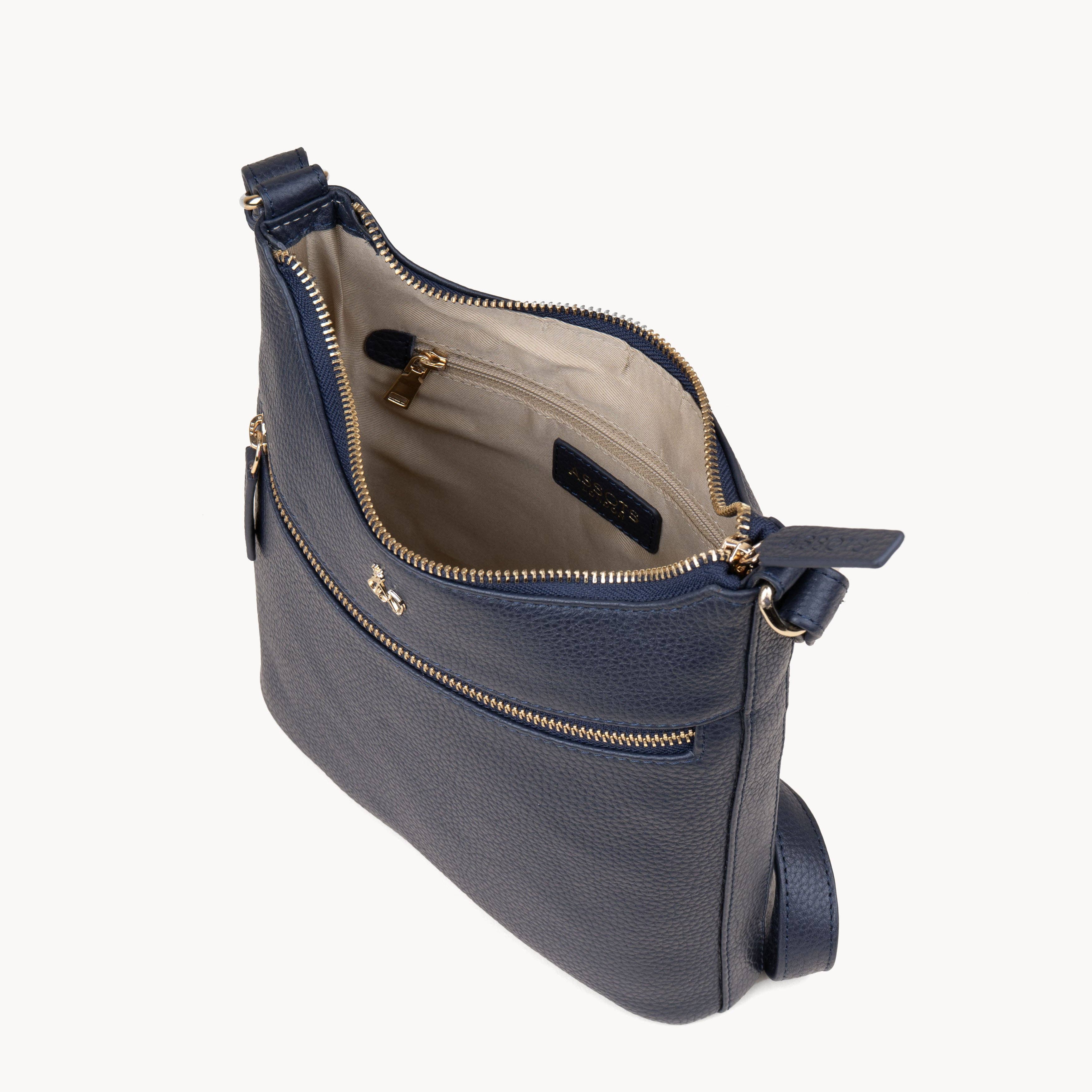 Assots London - Wholesale Crossbody Bag - Women's - 'SALLY' Navy Pebble Grain Real Leather Crossbody Bag1