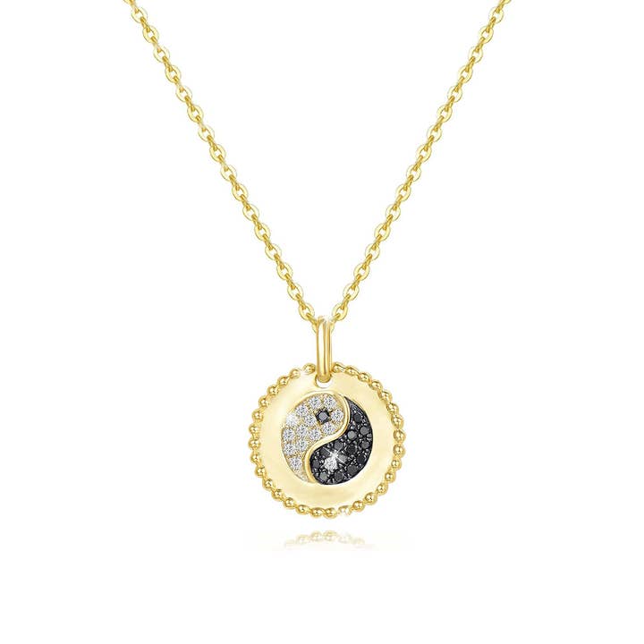 Collier avec pendentif en forme de disque rond Yin Yang et diamant en or jaune 14 carats pour la vente par Fanci Me Jewelry