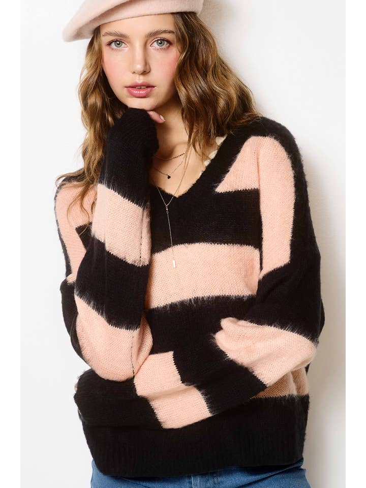 La Miel - Wholesale Knit Sweater - Women's - MCS3573-Oversized Fuzzy Soft Stripe V-neck Knit Sweater