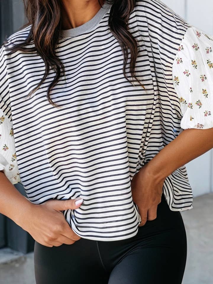 LAS Striped Floral Puff Sleeve Patchwork Loose Top (S-XL) for wholesale by LA Society