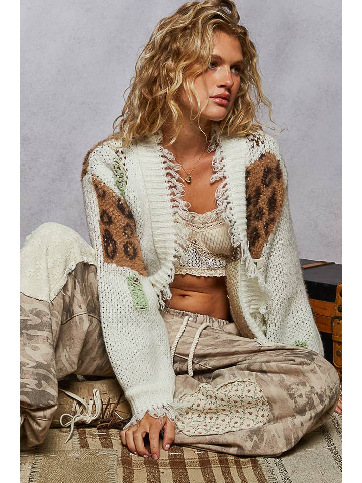 Pol Clothing - Wholesale Cardigan - Women's - Long sleeve contrast leopard pattern sweater cardigan top1