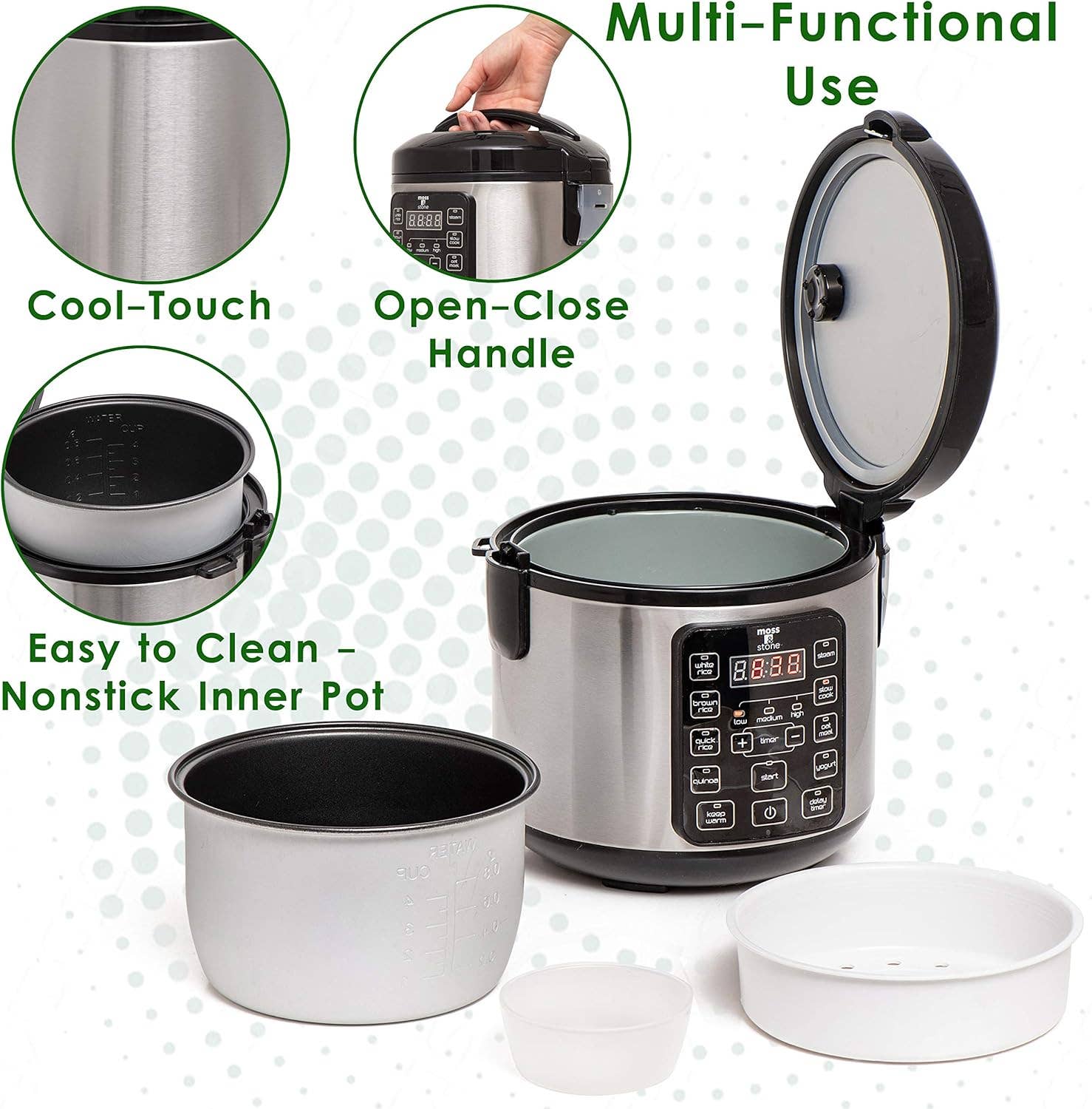 Moss & Stone - Vendita all'ingrosso Elettrodomestici da cucina - Piccolo Cuociriso Elettrico Digitale, 4-8 Tazze, 10 Impostazioni Preimpostate, Vaporiera per Riso Bianco e Integrale, Pentola a Cottura Lenta con Vaporiera per Verdure, Pentola1