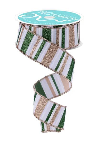 General Wholesale Inc - Wholesale Ribbon - Gift Wrapping - 1.5" x 10yd Horizontal Stripe-White/Sage/Champ-RGF1918KL0