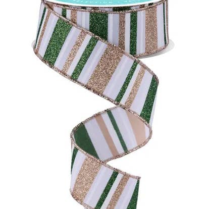 General Wholesale Inc - Wholesale Ribbon - Gift Wrapping - 1.5" x 10yd Horizontal Stripe-White/Sage/Champ-RGF1918KL