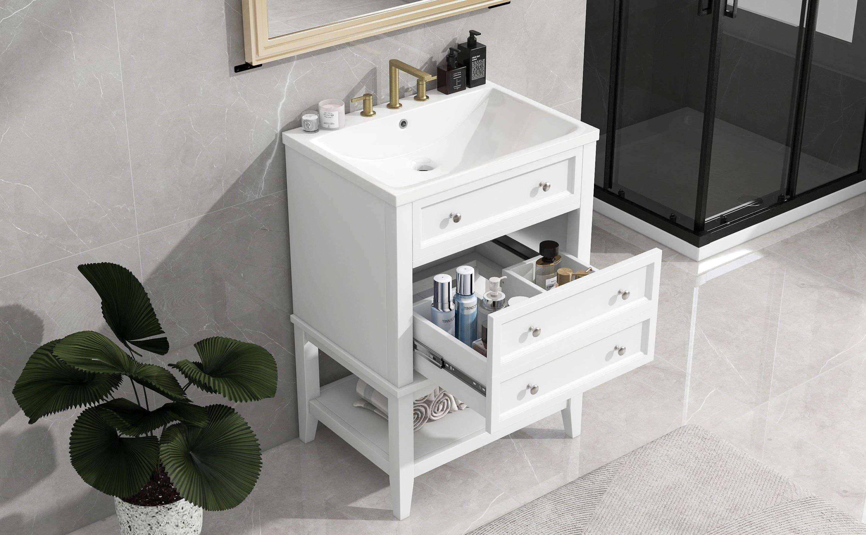 Orange County Decor - Wholesale Cabinet - 24" Bathroom Vanity With Sink, Bathroom Storage Cabinet With Drawer And Open Shelf, Solid Wood Frame, White White Solid Wood Mdf25
