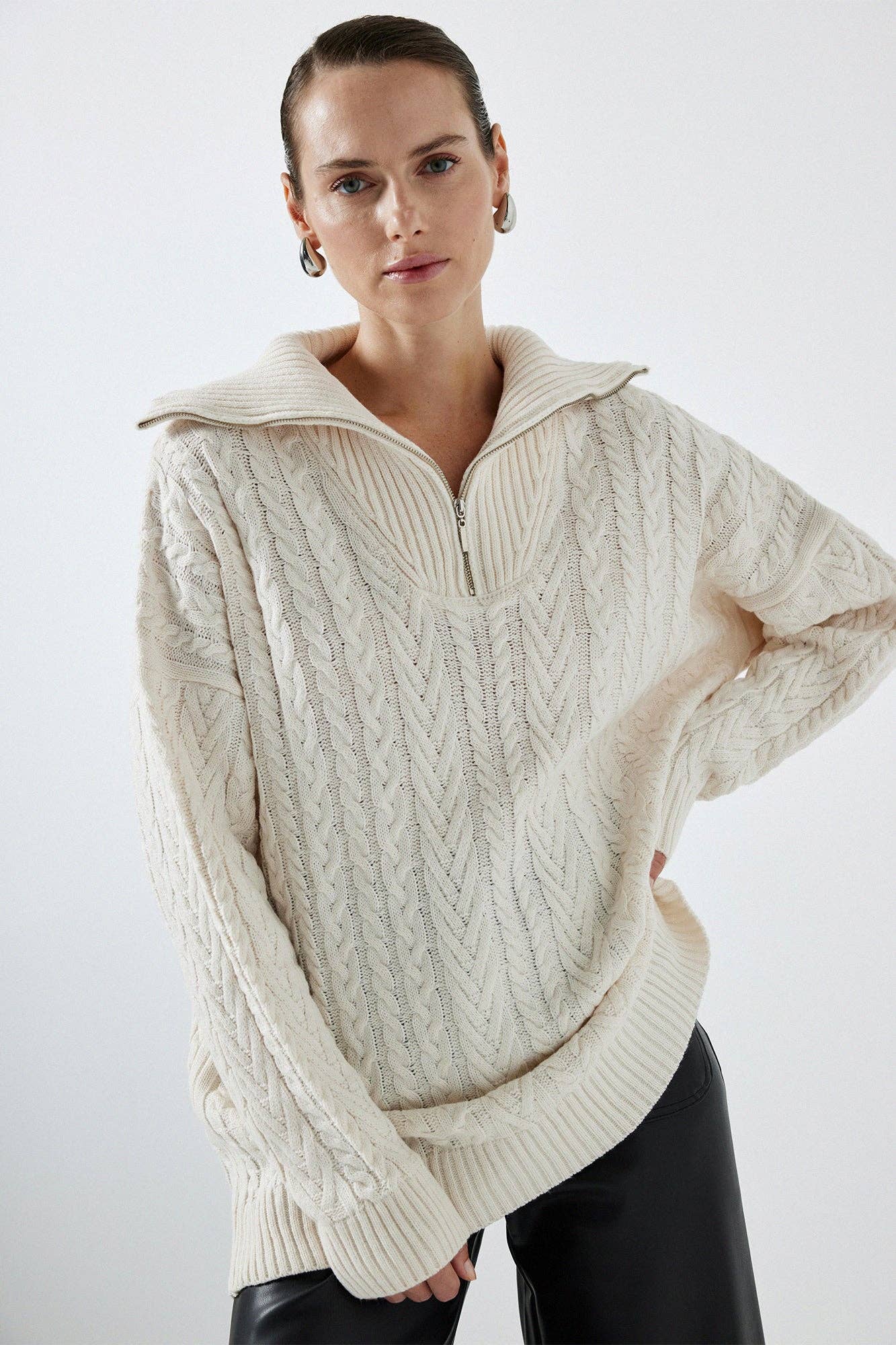 Cream KNIT SWEATER WINIT ZIPPER for wholesale on Faire0