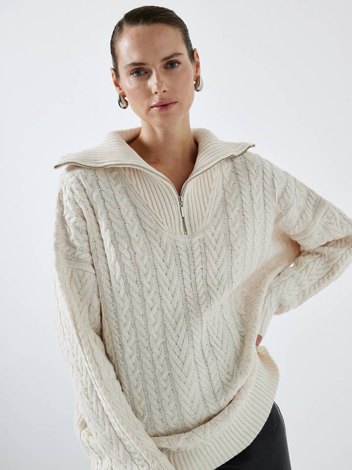 Cream KNIT SWEATER WINIT ZIPPER for wholesale on Faire0