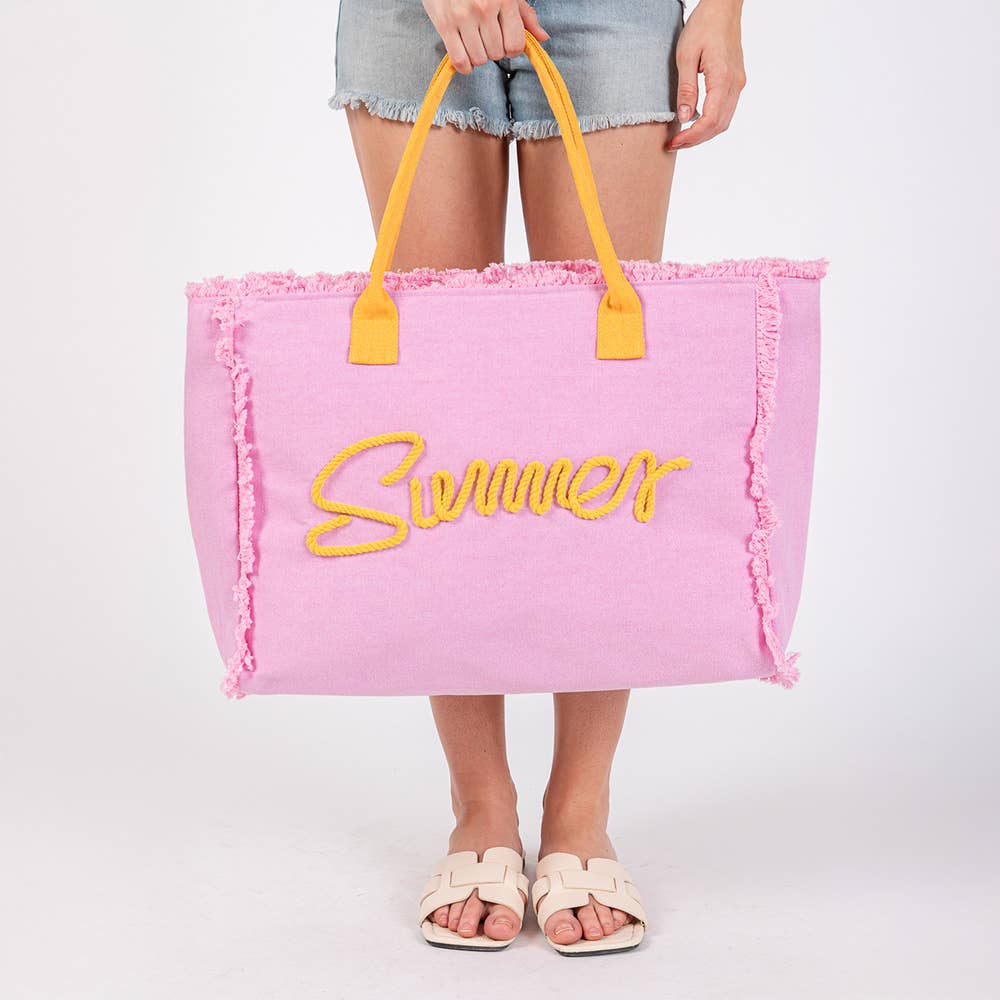 Sensibling Corp. - Venta al por mayor Bolsa de asa- Mujer - Bolso de playa de lona con flecos y mensaje bordado SUMMER2