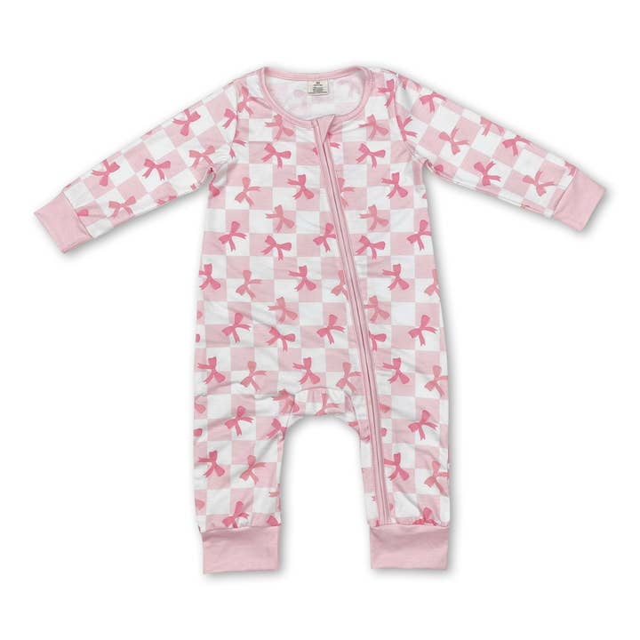 Yawoo Garments - Wholesale Jumpsuit - Baby - Long sleeves pink bow baby girls bamboo zipper romper