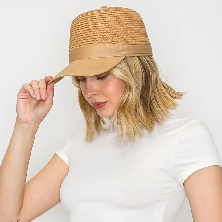 Straw Woven Paper Braid Baseball Cap with Fabric Brim for wholesale by SP Sophia Collection