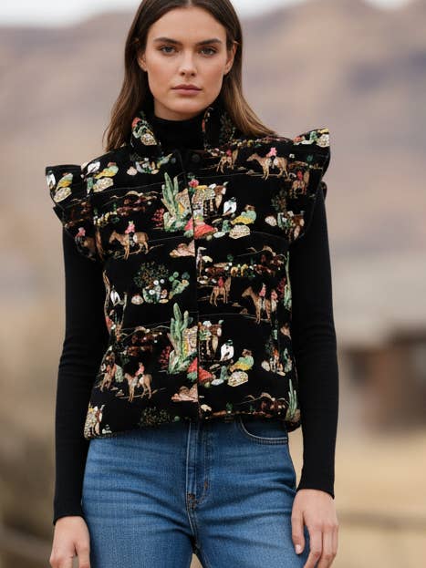 TH1171 BLACK WAGON WHEEL RUFFLE VEST (7 Piece) for wholesale by Turquoise Haven