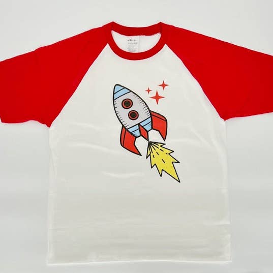 Astro Bettie - Wholesale Screen printed t-shirt – Women′s - Blast Off Rocket T-Shirt - Red Raglan Tee0