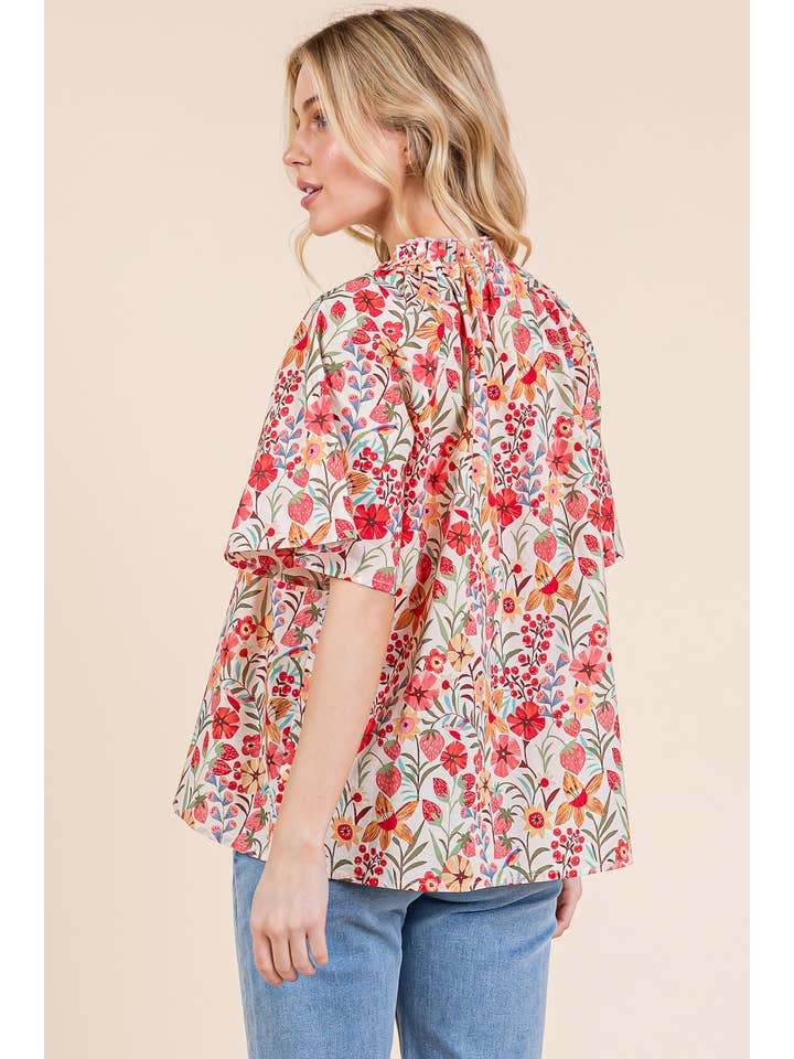 Dk Coral Multi Floral Short Sleeve Blouse, MT51756 for wholesale on Faire