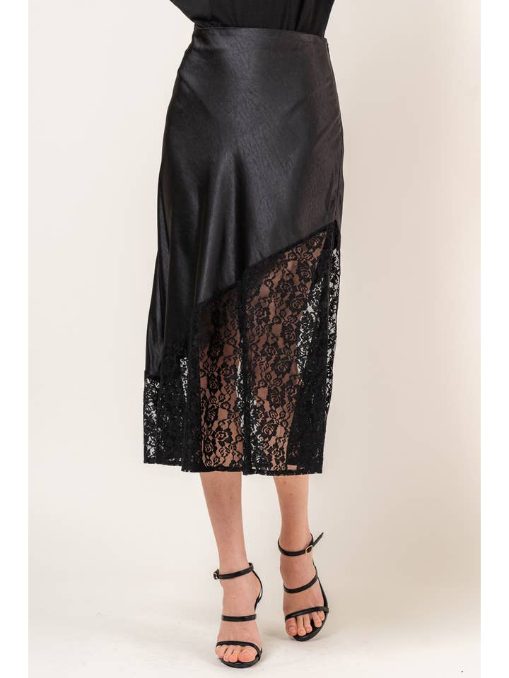 Black ASYMMETRICAL LACE BOTTOM MIDI SKIRT- SI4109FO for wholesale on Faire
