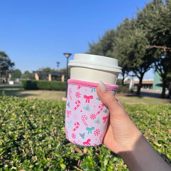 Illie Millie Designs - Wholesale Drink Huggers & Koozies - Pink Christmas Iced Coffee Sleeve- 16oz Drink Koozie 4
