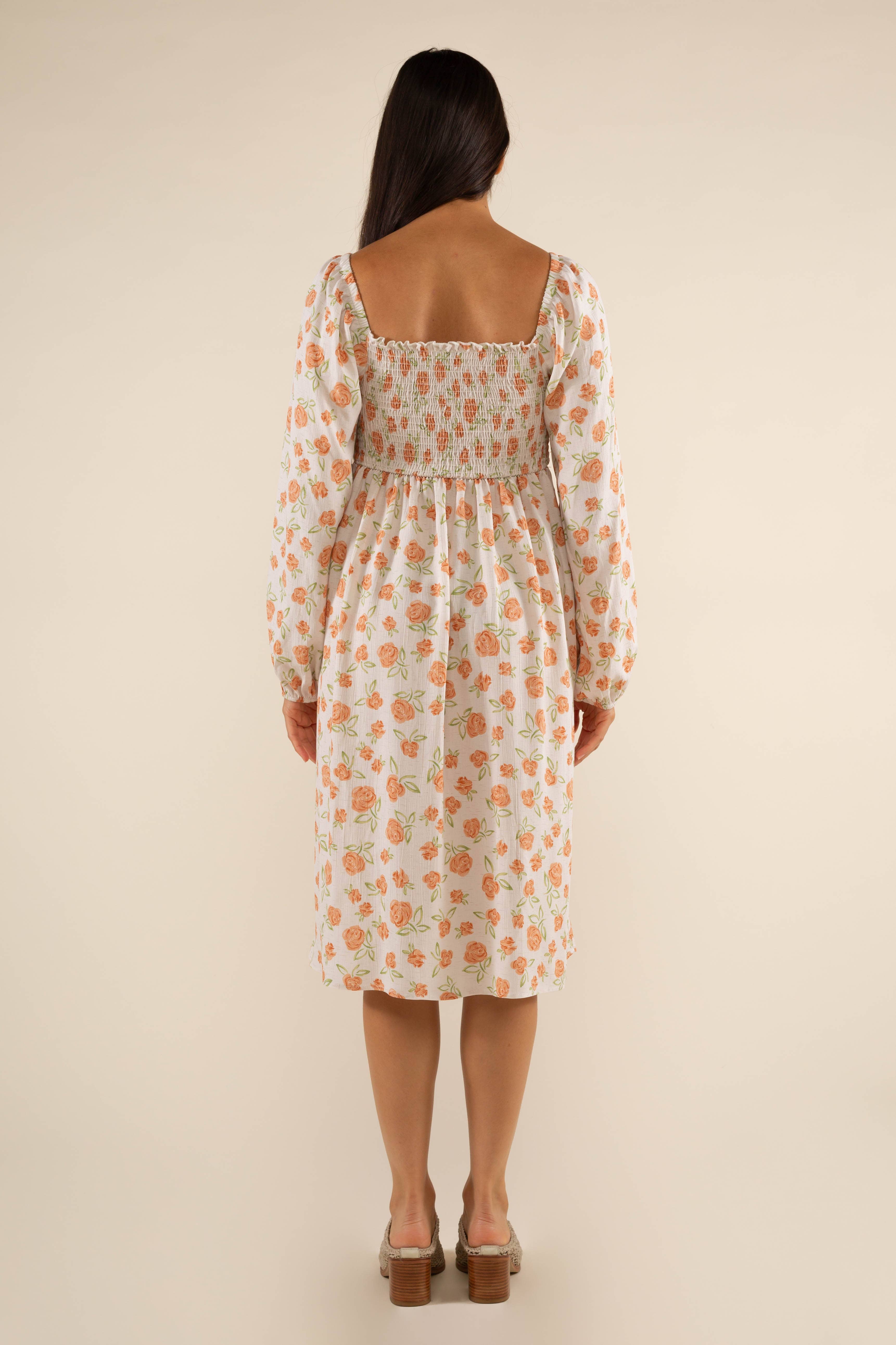 Orange/Elfenbeinfarbenes Muster Kleid mit Dawn Roses Print für den Großhandel auf Faire3