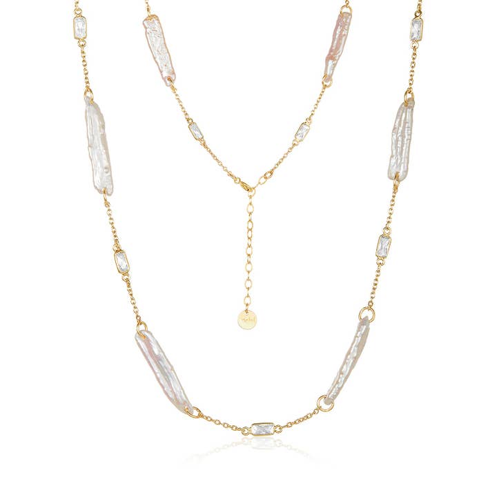 Biwa Pearl and CZ Necklace - Short for wholesale by Mabel Chong