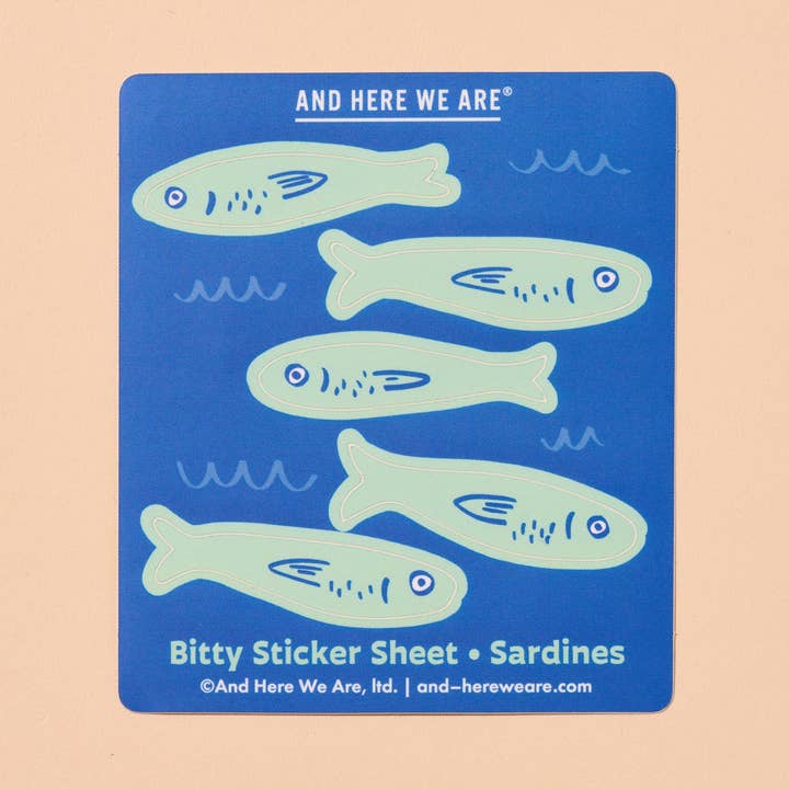 Sardines Bitty Vinyl Sticker Sheet - Made in USA - Foodie - Animal - Ocean - Seafood - Beach - Coastal - - Stocking stuffer, Holiday, Gift Guide for wholesale by And Here We Are