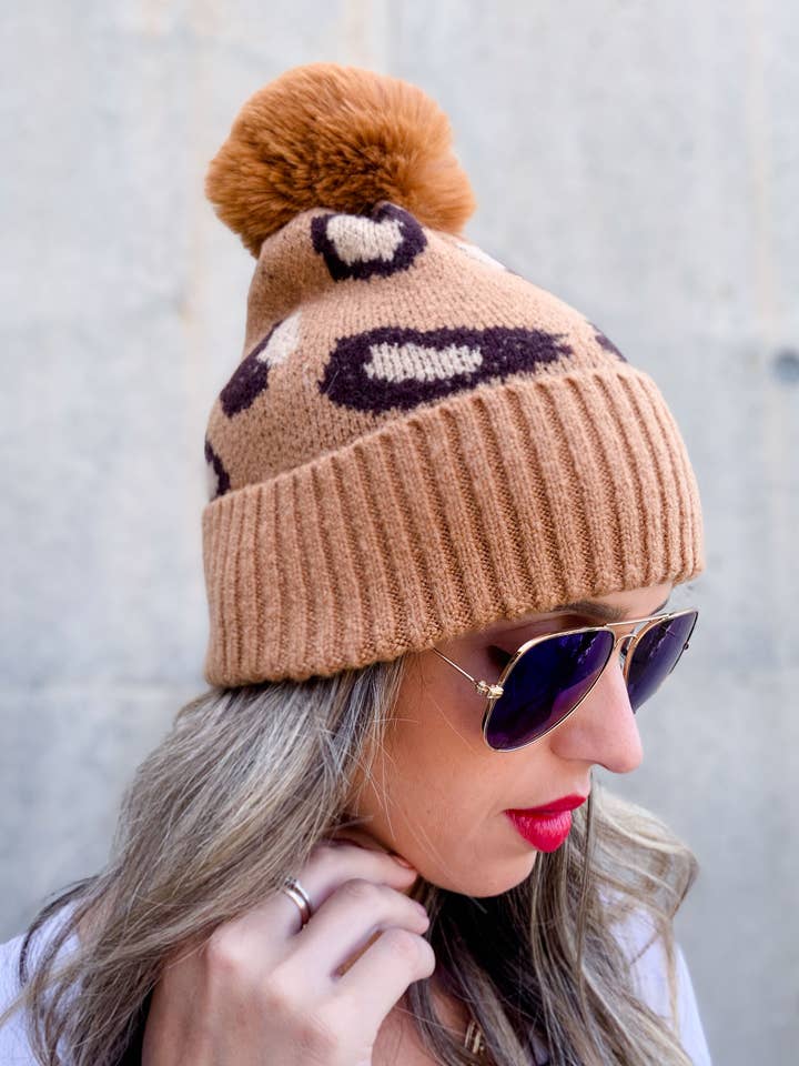 Camel Leopard Printed Knitted Beanie With Pom Pom for wholesale by AMOLI