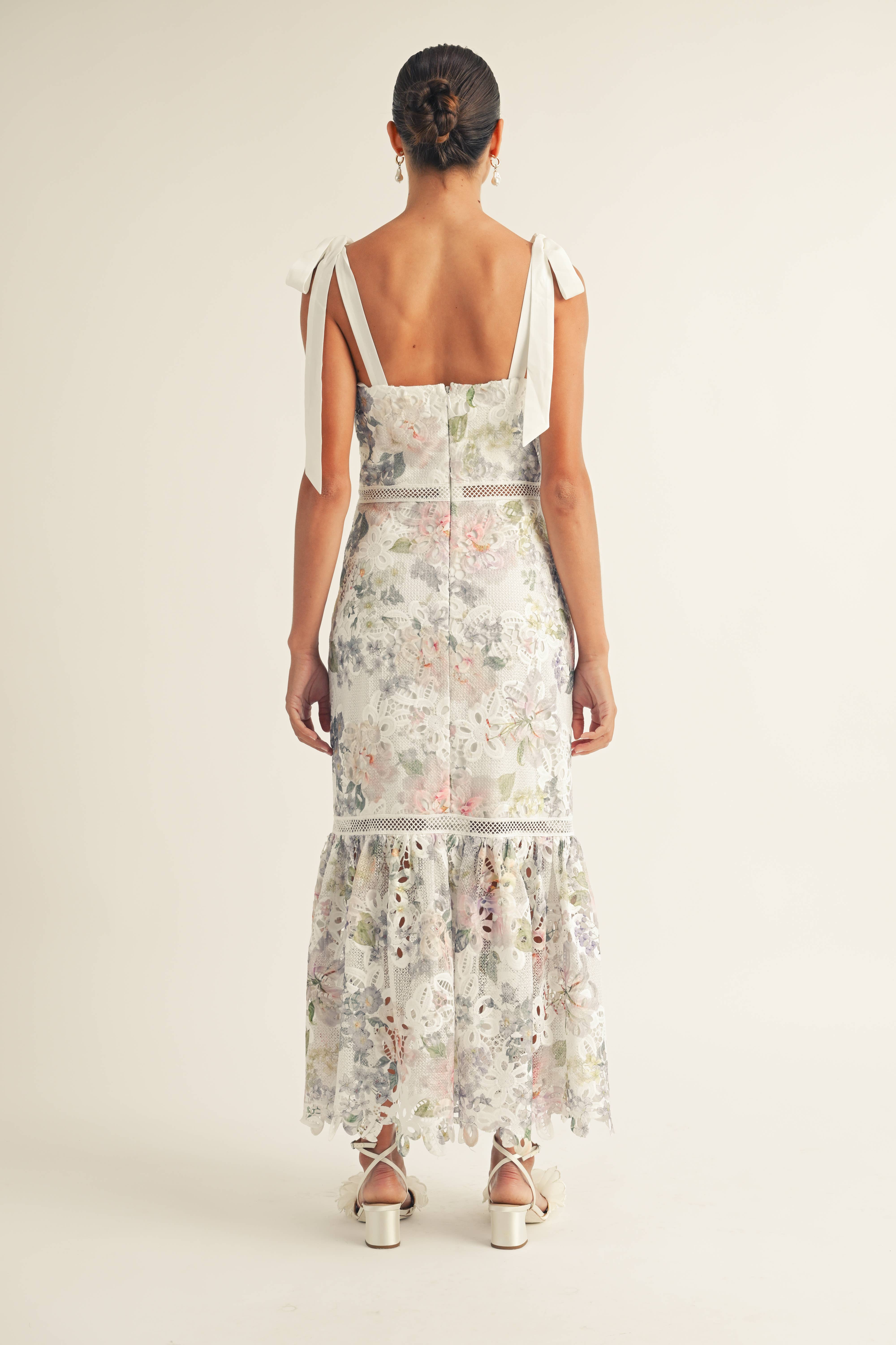 Blanc Multi Robe midi sirène en dentelle sans manches avec nœud Madison en vente sur Faire2